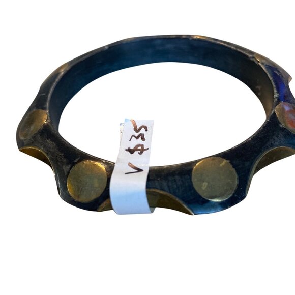 Vintage Black Stained Wood and Brass Polka Dot Bangle Bracelet With Unique Brass - Picture 4 of 4